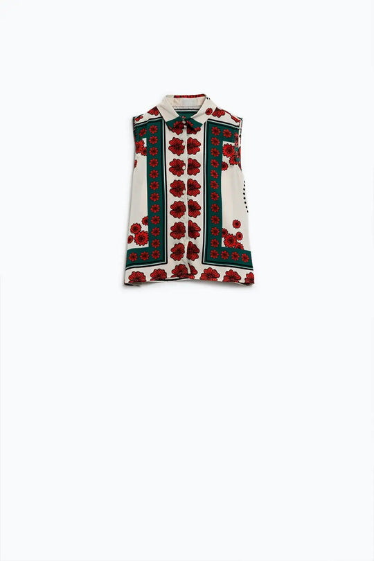 Sleeveless Creme Shirt With Floral Design - Shirts