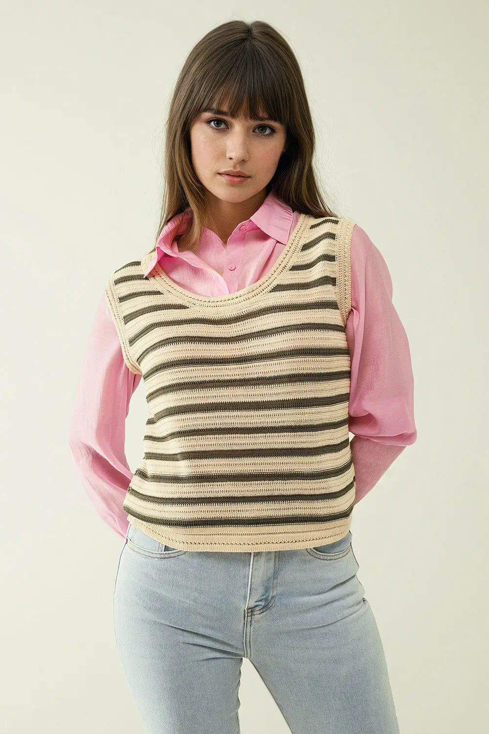 Cream sleeveless knit top with khaki stripes - Tops Sweaters