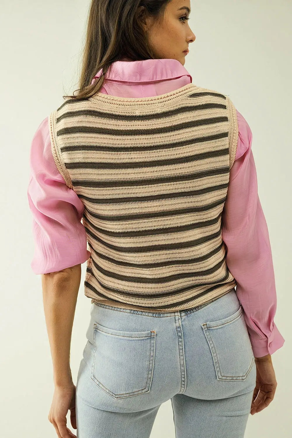 Cream sleeveless knit top with khaki stripes - Tops Sweaters