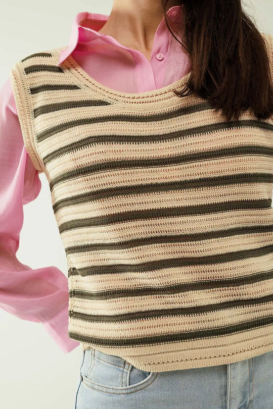 Cream sleeveless knit top with khaki stripes - Tops Sweaters