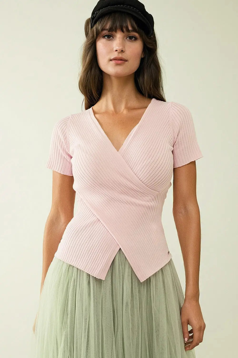 Pink sweater with crossed front and V-neck - Sweaters