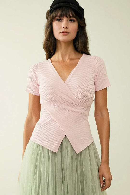 Pink sweater with crossed front and V-neck - Sweaters
