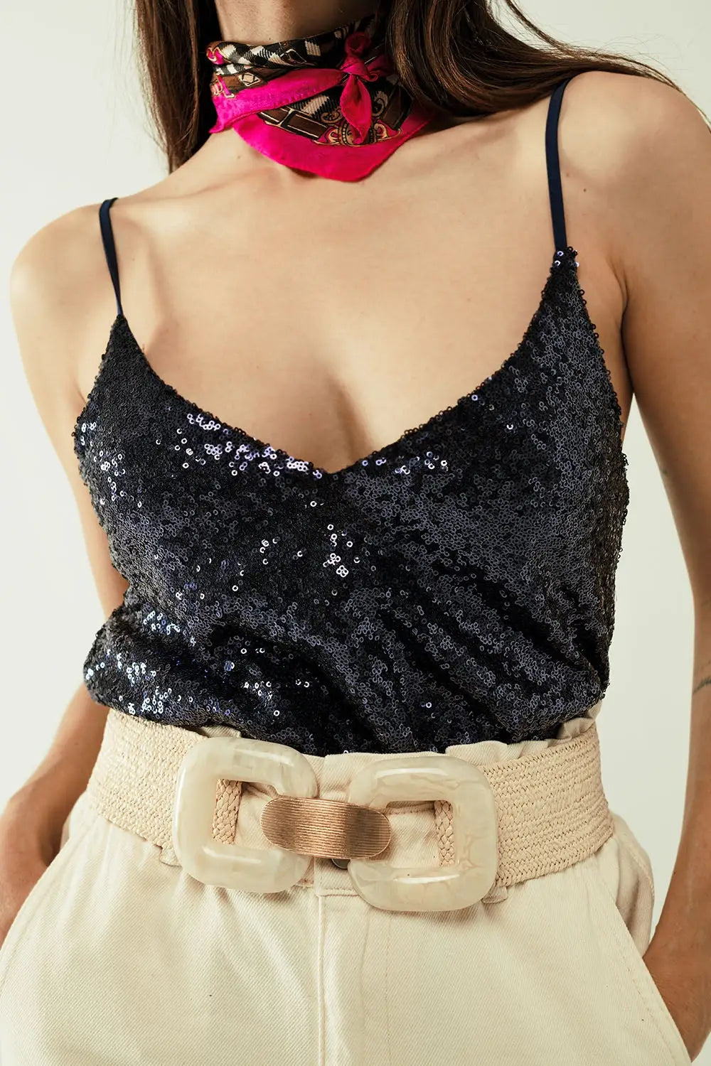 Spaguetti Strap Top With Deep V-Neckline In Navy Sequins - Tops