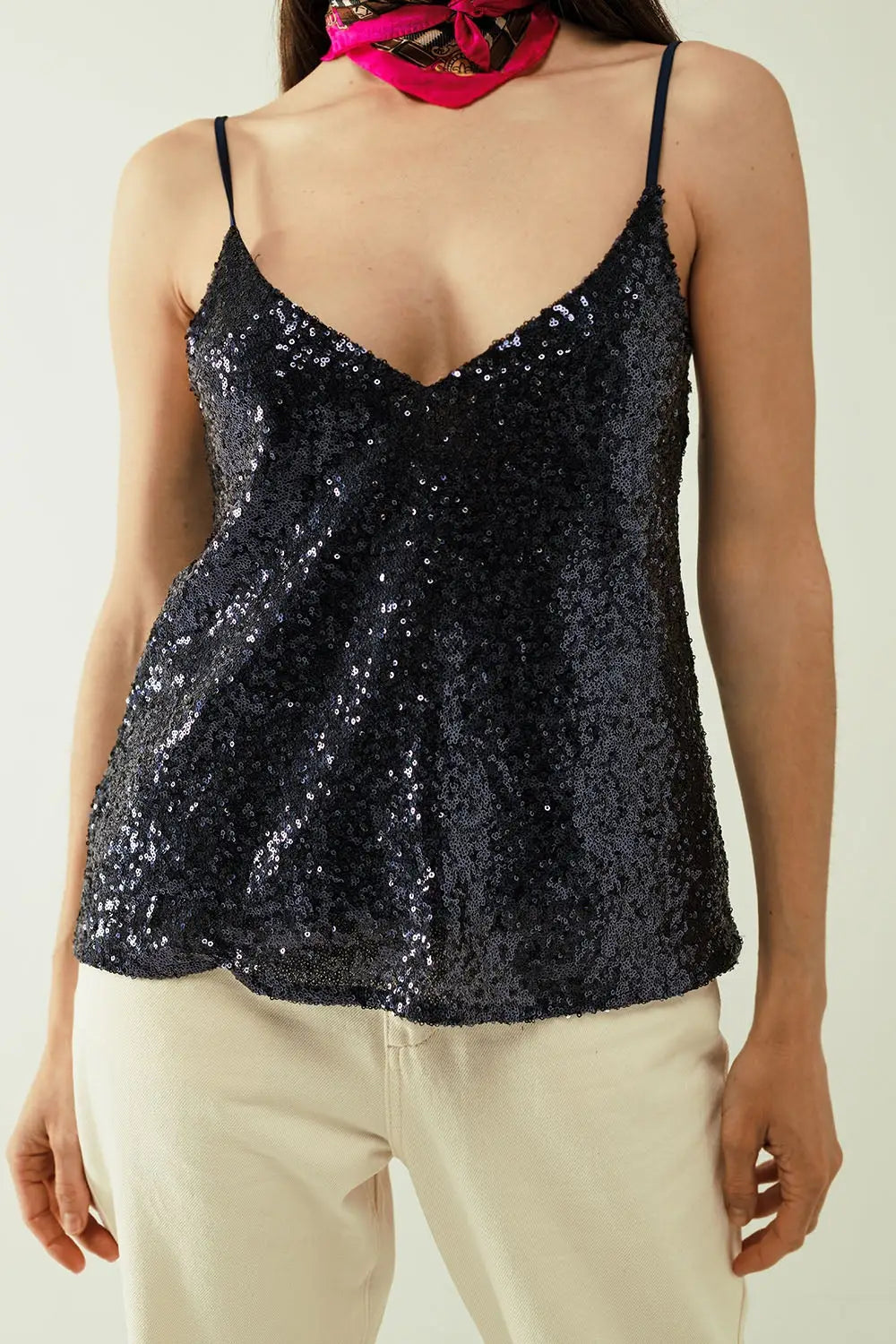 Spaguetti Strap Top With Deep V-Neckline In Navy Sequins - Tops