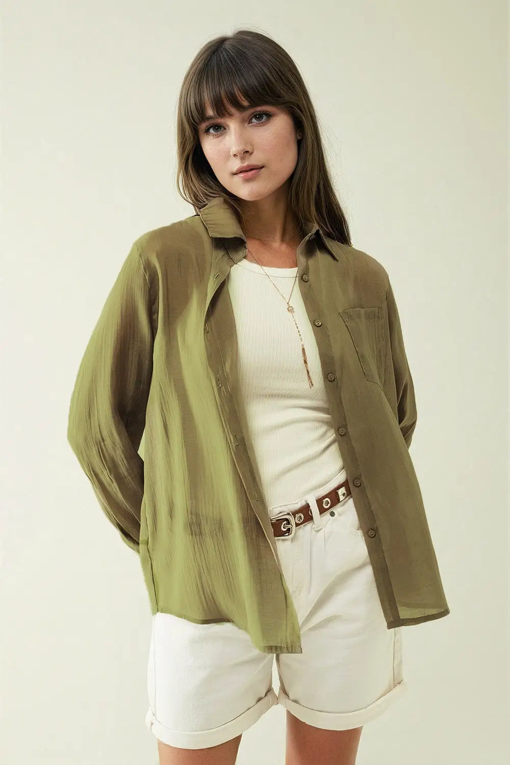 Kahki chiffon shirt with long sleeves and one chest pocket - Shirts