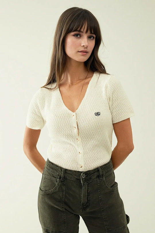 White cardigan with short sleeves and front closure with button - Sweaters