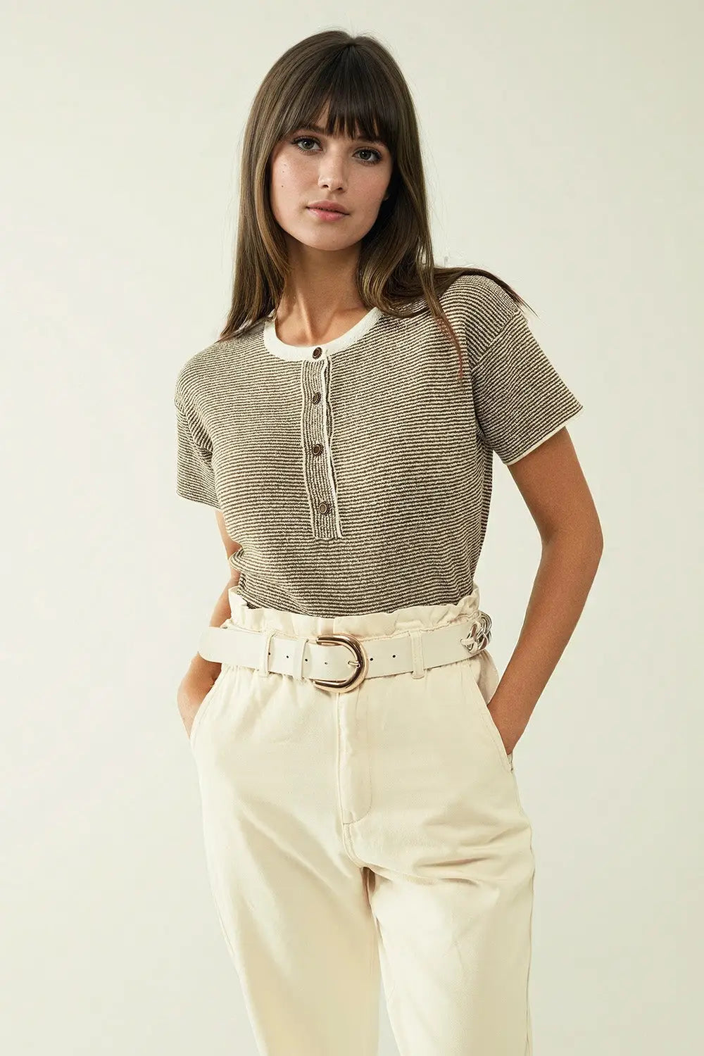 sweater with khaki stripes and gold button closure - Sweaters