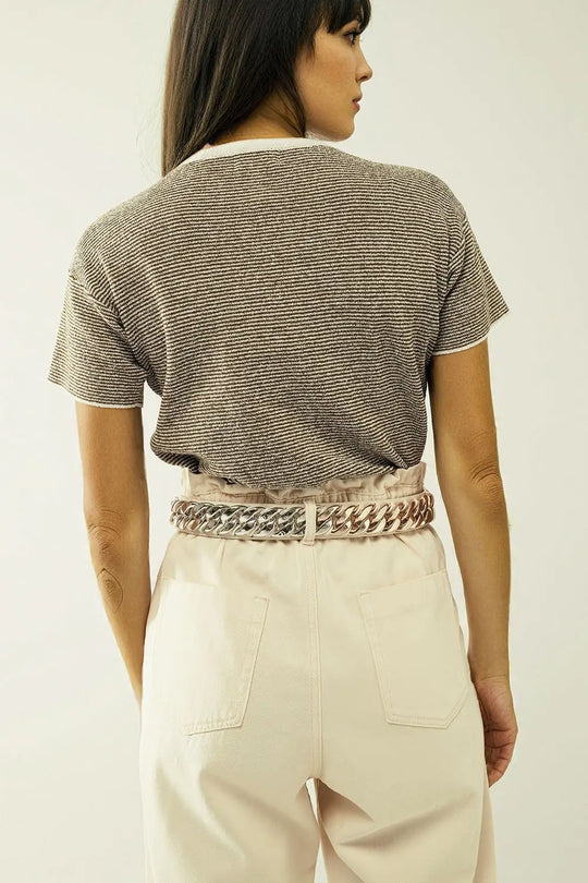 sweater with khaki stripes and gold button closure - Sweaters
