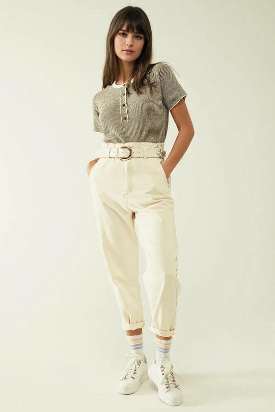 sweater with khaki stripes and gold button closure - Sweaters