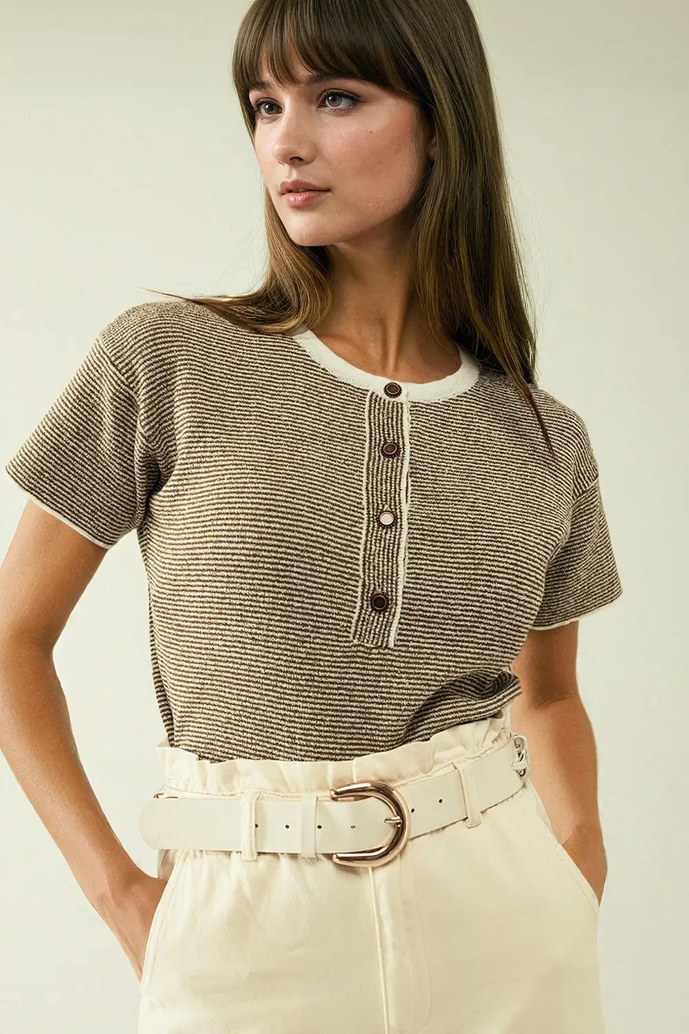 sweater with khaki stripes and gold button closure - Sweaters