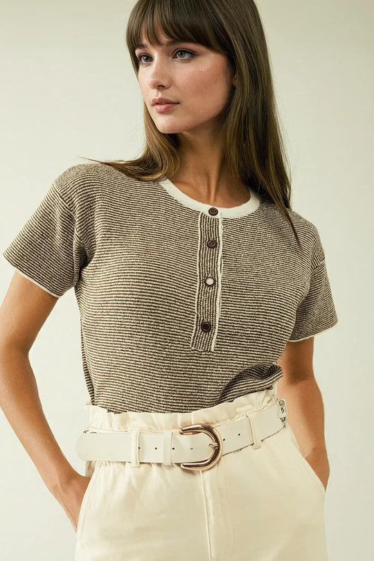 sweater with khaki stripes and gold button closure - Sweaters