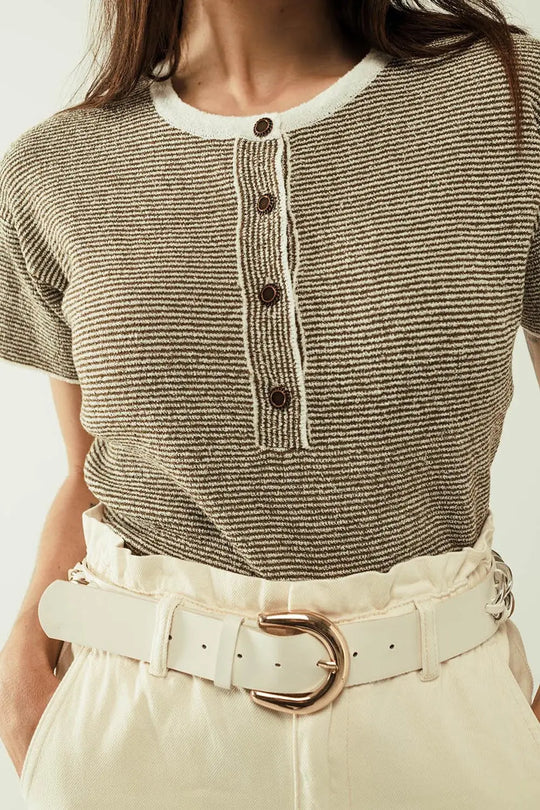 sweater with khaki stripes and gold button closure - Sweaters