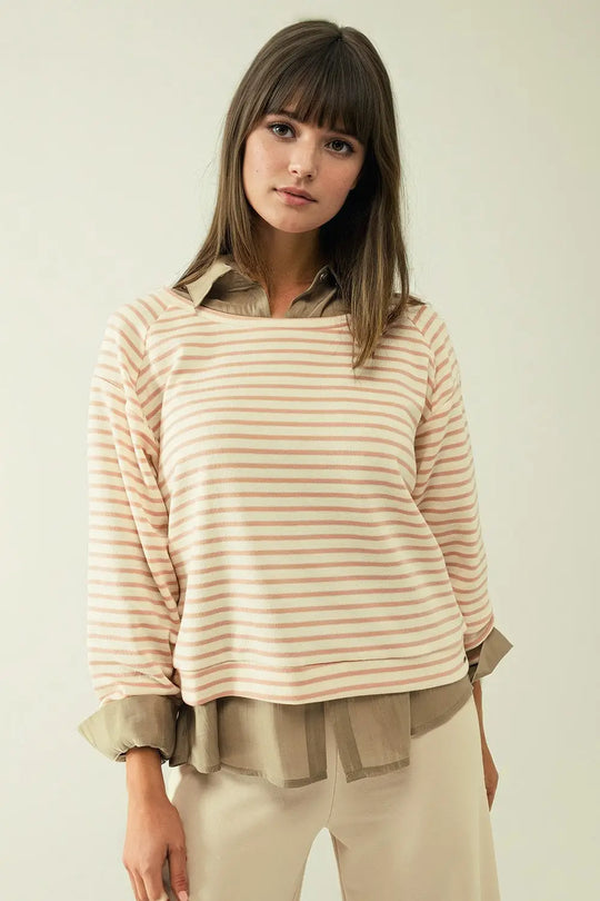 Long sleeves white sweater with pink stripes and a boat neck - Sweaters