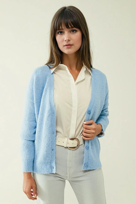 Blue knit cardigan with wide V-neck and button closure - Cardigans