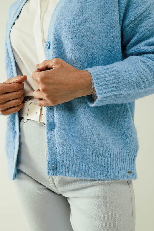 Blue knit cardigan with wide V-neck and button closure - Cardigans
