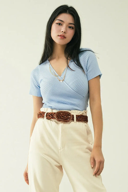 Blue sweater with crossed front and V-neck - Sweaters