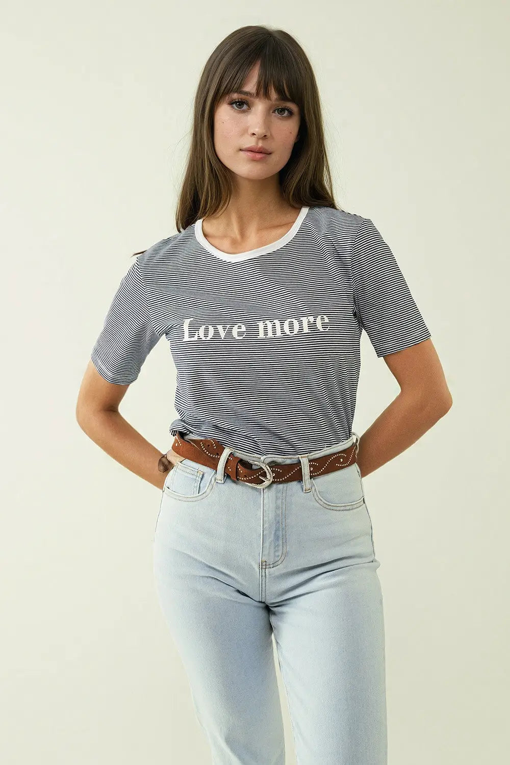 White T-shirt with black stripes and Love More texted - T-Shirts