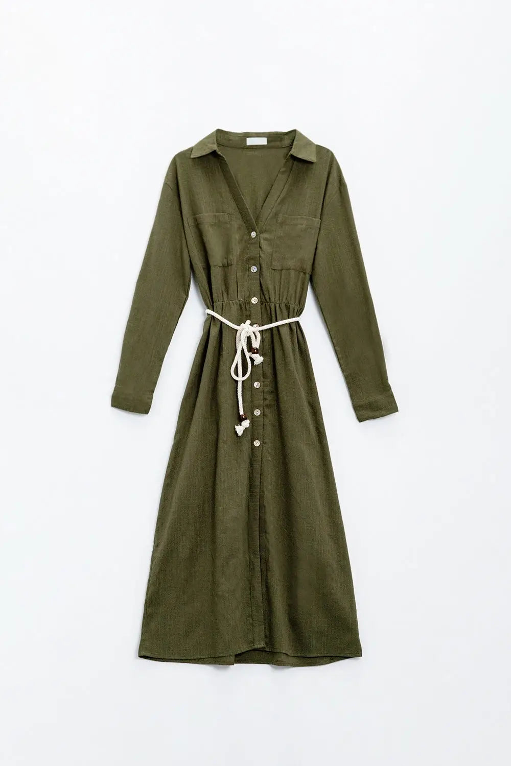 Long sleeves Khaki shirt dress with button closure - Dresses