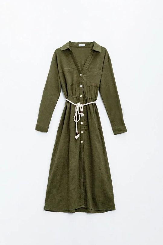 Long sleeves Khaki shirt dress with button closure - Dresses
