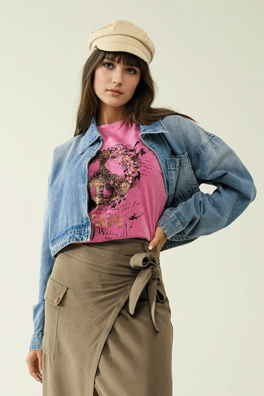 Short Sleeve T-shirt With Graphic Peace Sign Design At The Front In Fuchsia - PINK / ONE - T-Shirts