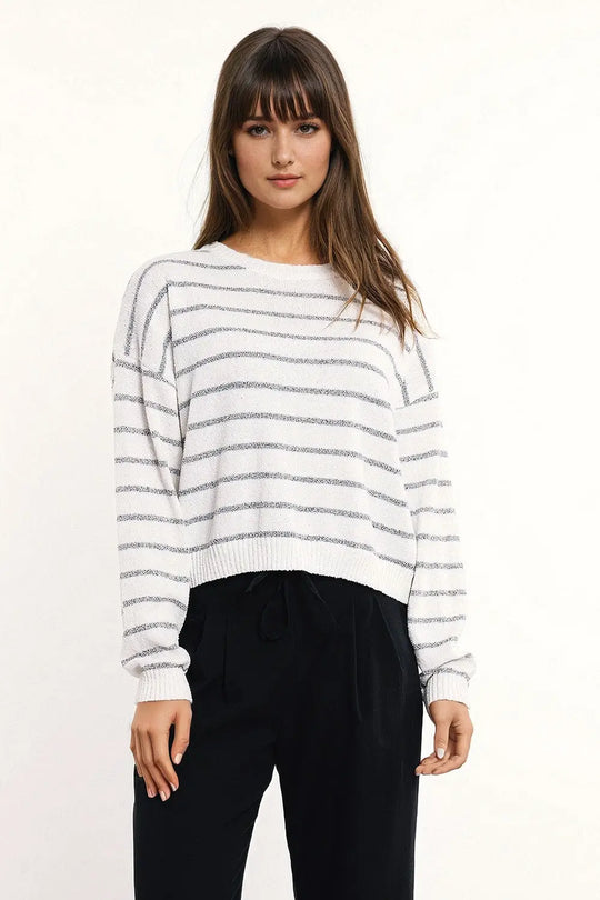 Sweater With Drop Shoulders in White with Grey Stripes - Sweaters