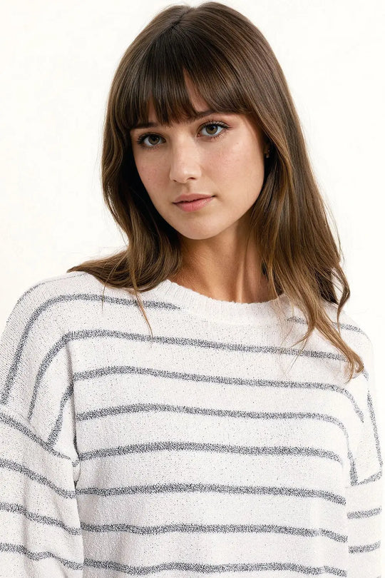 Sweater With Drop Shoulders in White with Grey Stripes - Sweaters