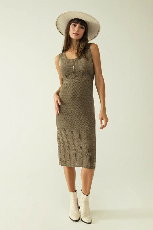 Sleeveless khaki knit midi dress with round neck - Dresses