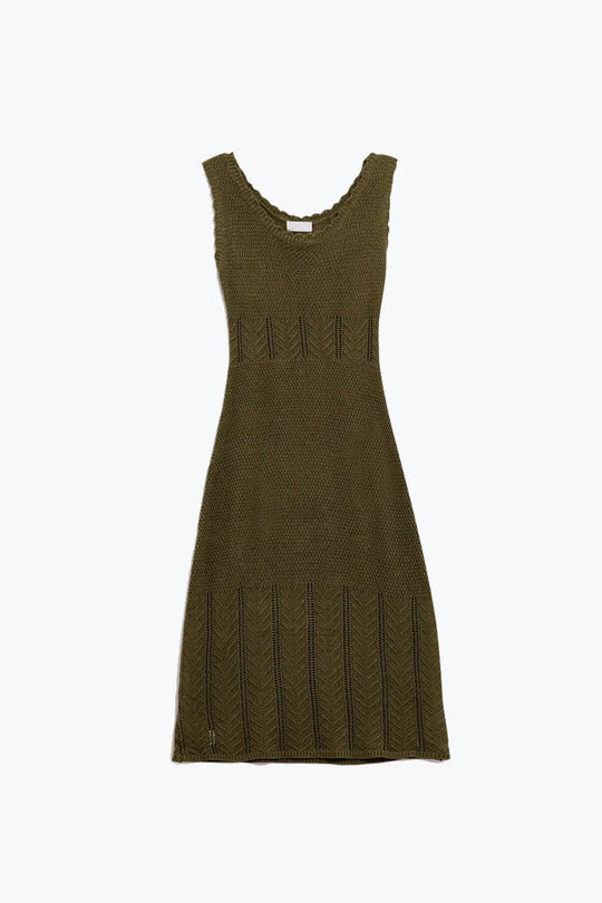 Sleeveless khaki knit midi dress with round neck - Dresses