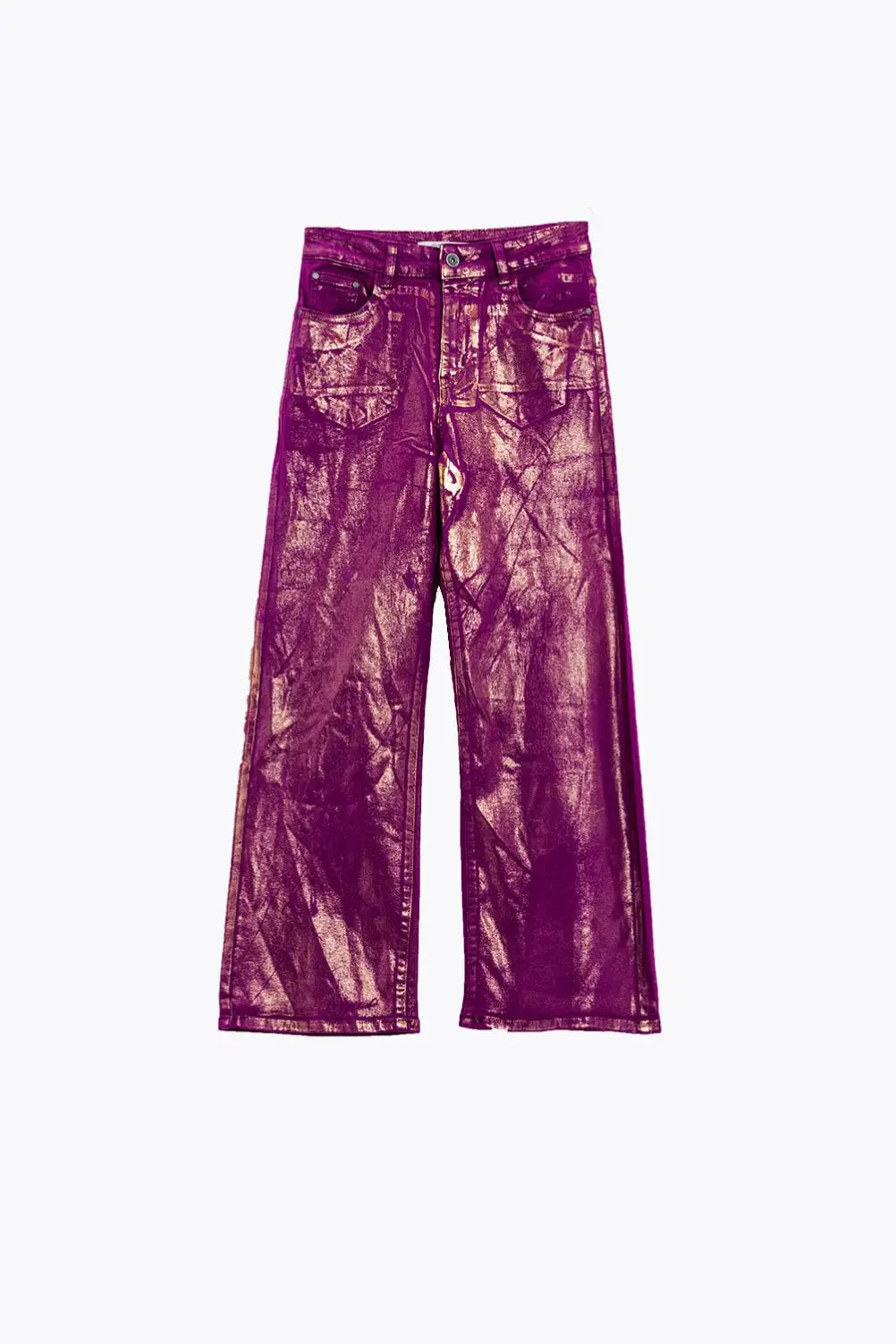Magenta Wide Leg Jeans With Metallic Finish In Gold - Colored Jeans