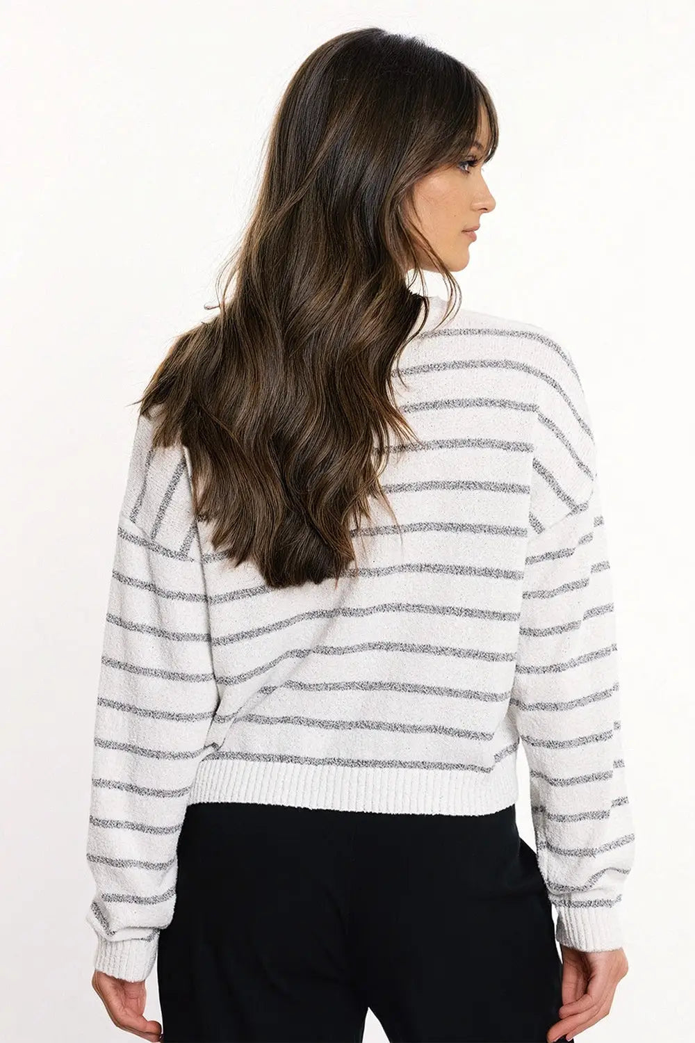 Sweater With Drop Shoulders in White with Grey Stripes - Sweaters