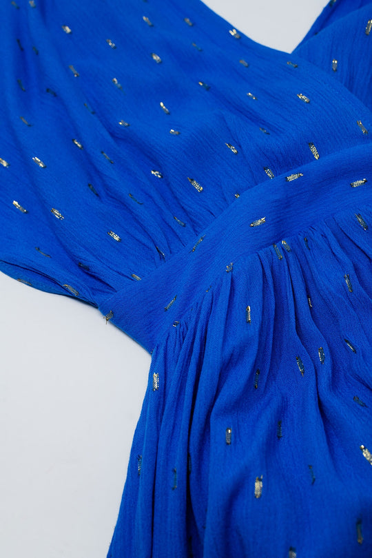 loose maxi blue dress sith golden details