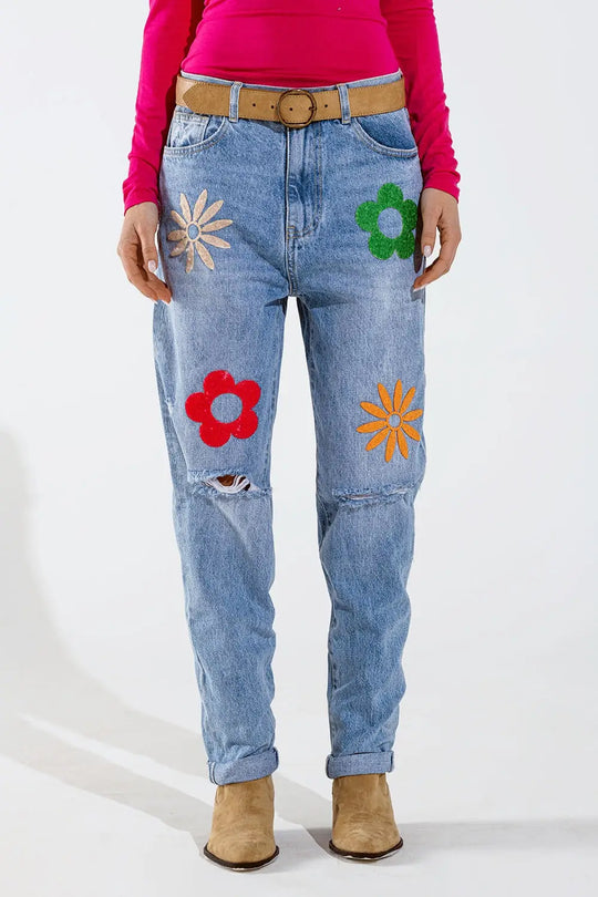 Straight Mom Jeans With Flower Detail In Washed Blue