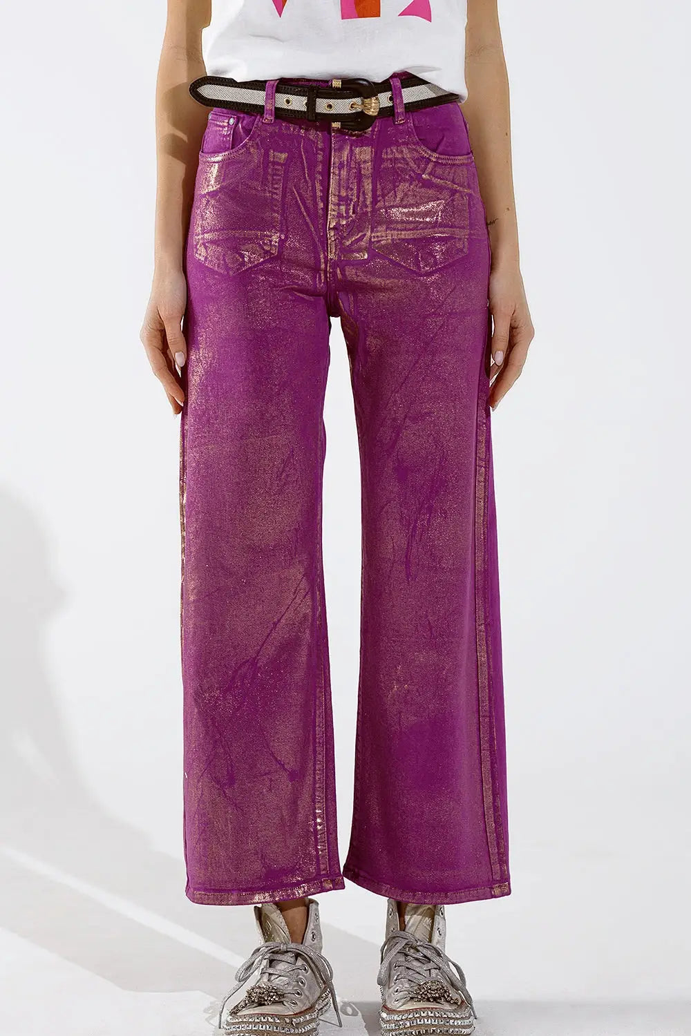 Magenta Wide Leg Jeans With Metallic Finish In Gold - Colored Jeans