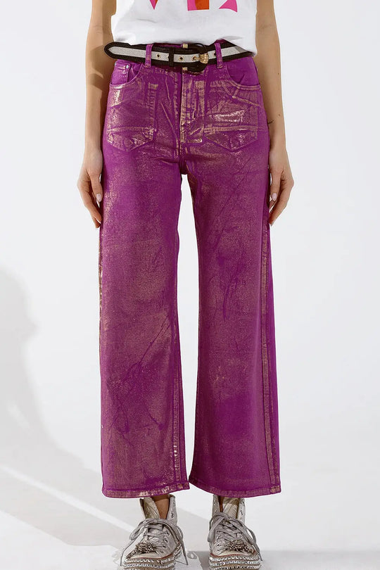 Magenta Wide Leg Jeans With Metallic Finish In Gold - Colored Jeans