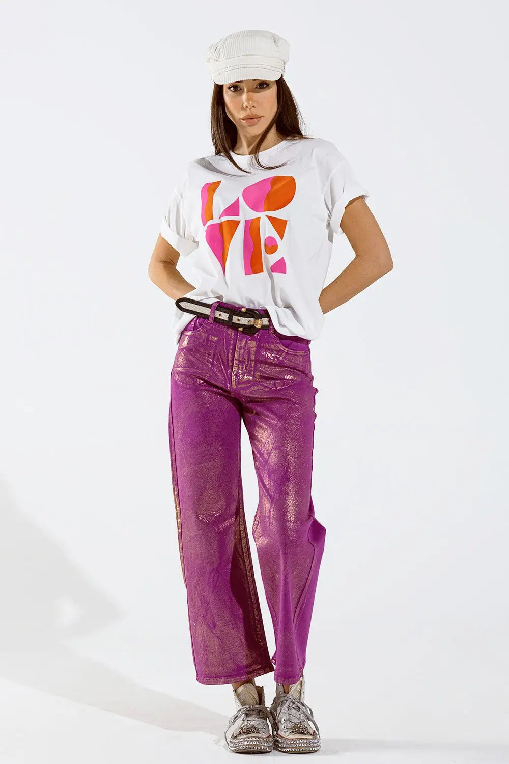 Magenta Wide Leg Jeans With Metallic Finish In Gold - Colored Jeans