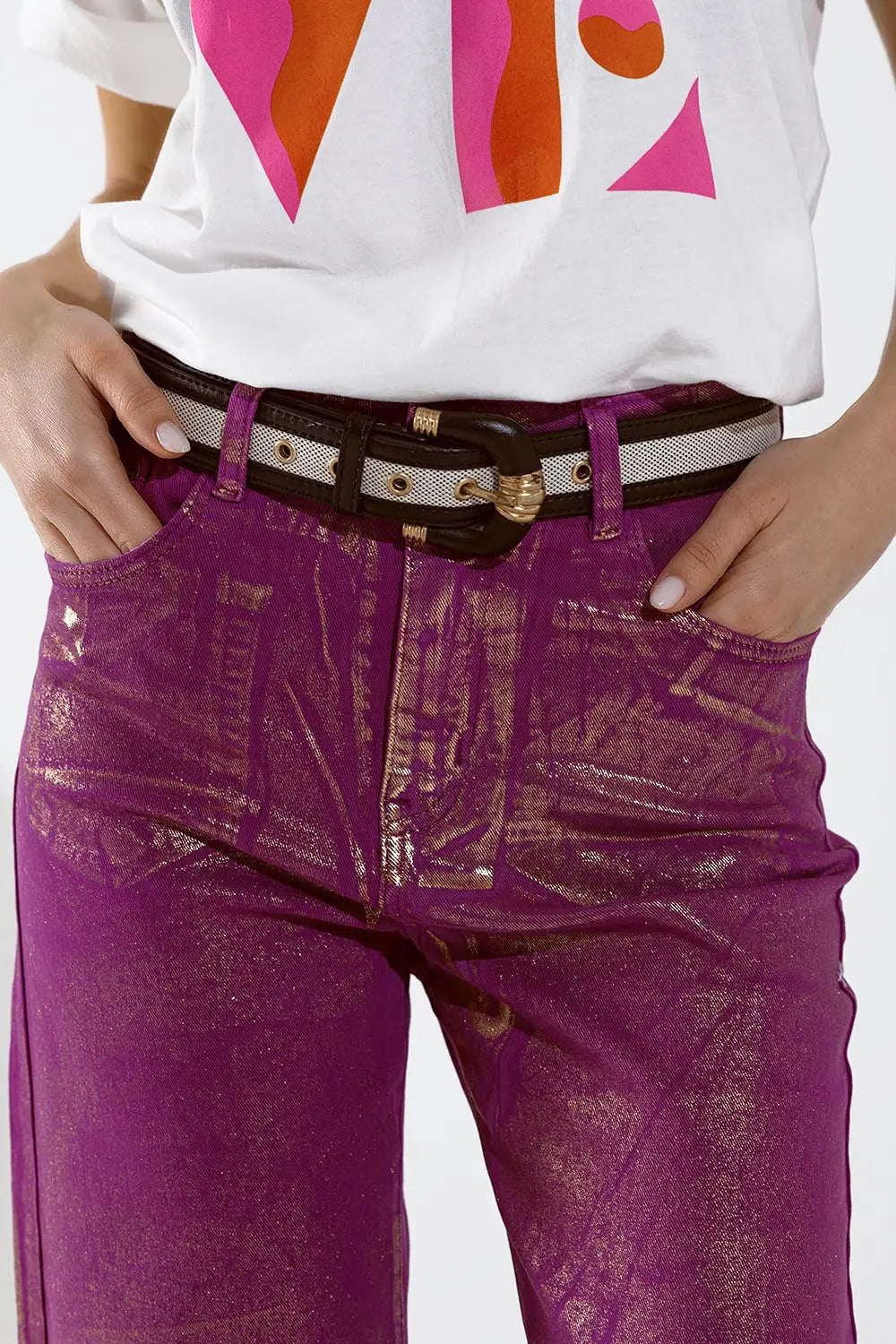 Magenta Wide Leg Jeans With Metallic Finish In Gold - Colored Jeans