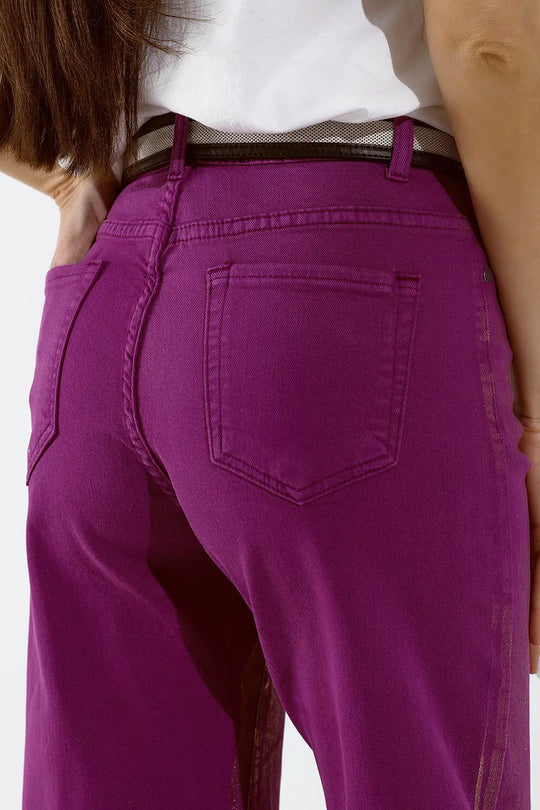 Magenta Wide Leg Jeans With Metallic Finish In Gold - Colored Jeans