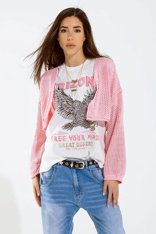Crochet basic cropped cardigan in baby pink - PINK / ONE - Cardigans