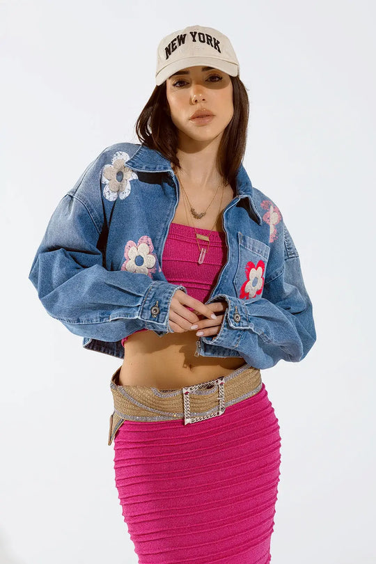 Denim Cropped Jacket WIth Flower Details - Jackets