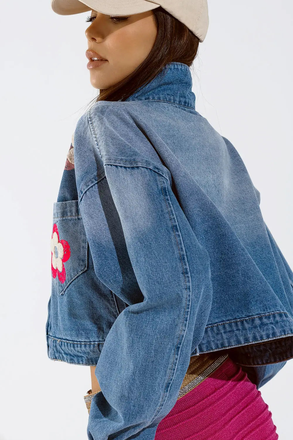 Denim Cropped Jacket WIth Flower Details - Jackets