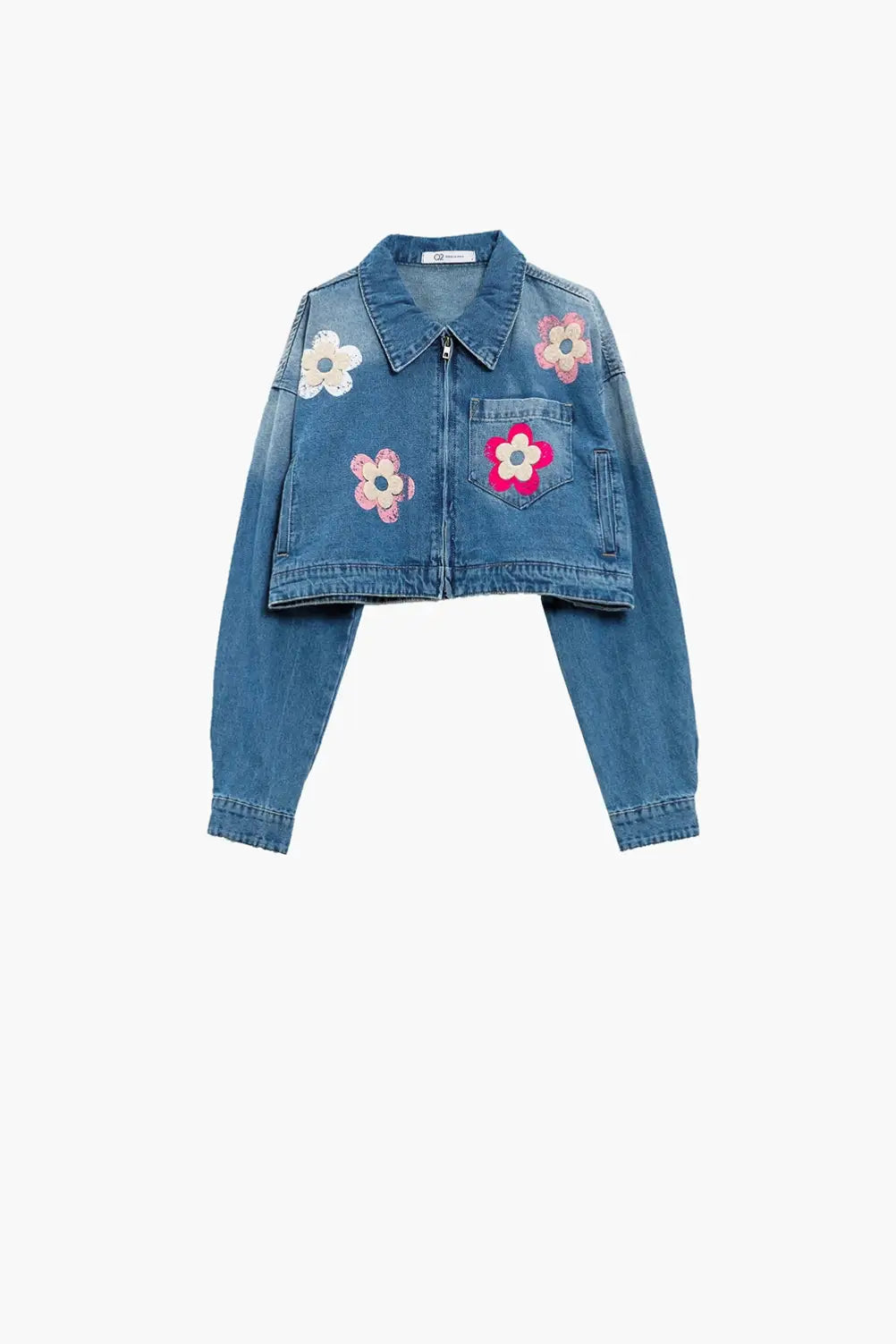 Denim Cropped Jacket WIth Flower Details - Jackets