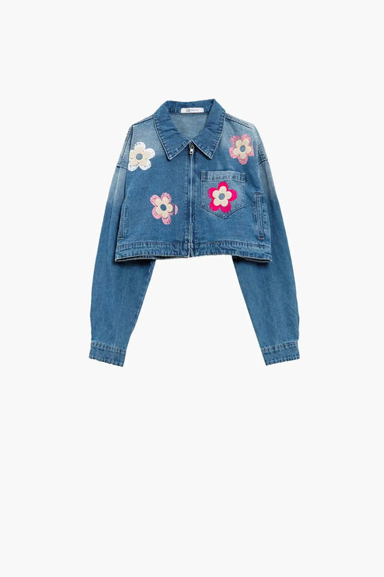 Denim Cropped Jacket WIth Flower Details - Jackets