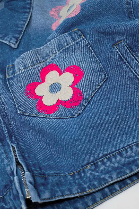 Denim Cropped Jacket WIth Flower Details - Jackets