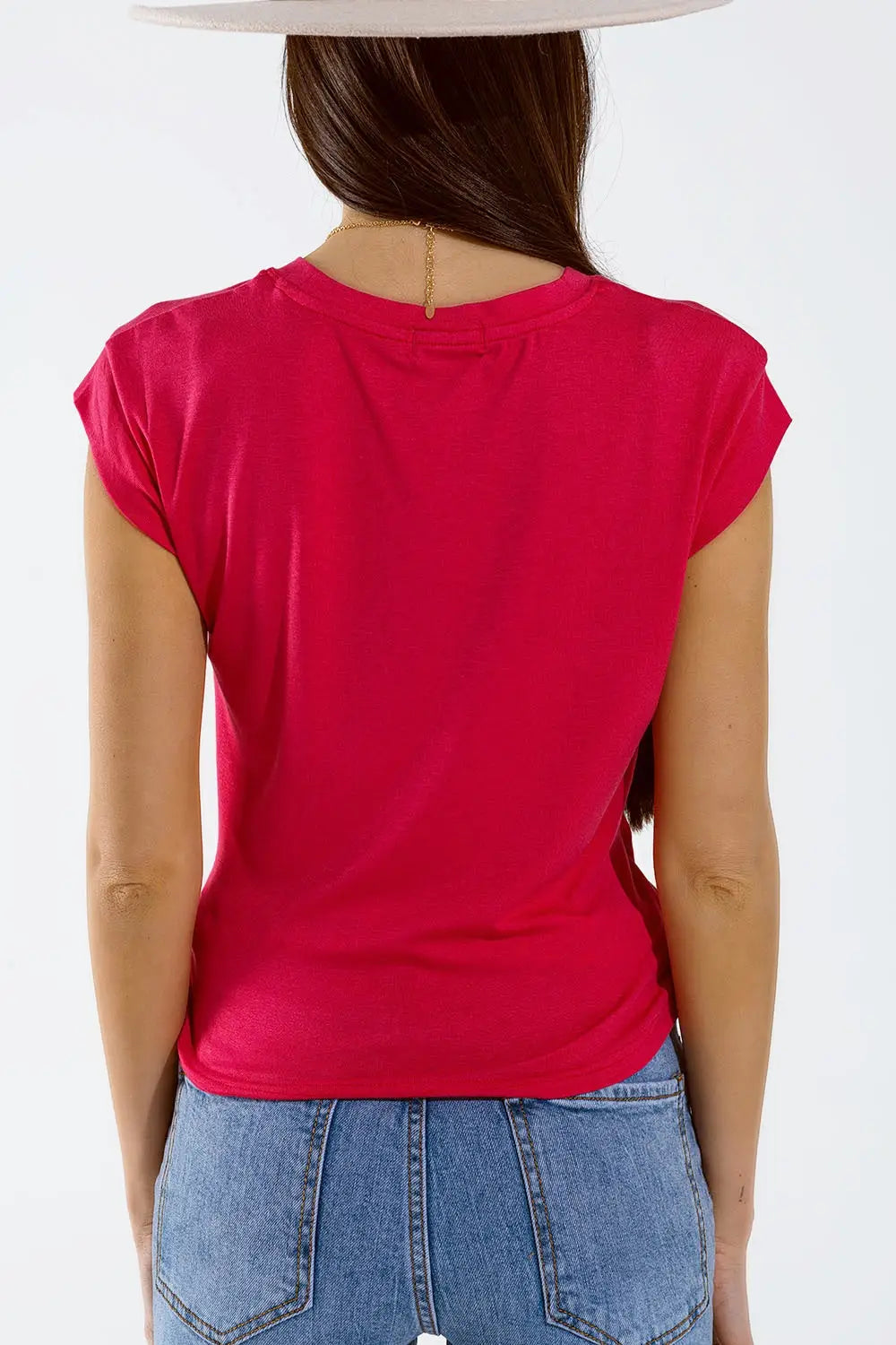 Crew neck T-Shirt with draped design and cap sleeve In Fuschia - T-Shirts Tops