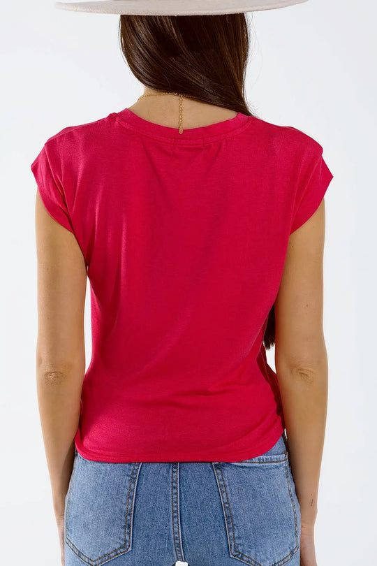 Crew neck T-Shirt with draped design and cap sleeve In Fuschia - T-Shirts Tops