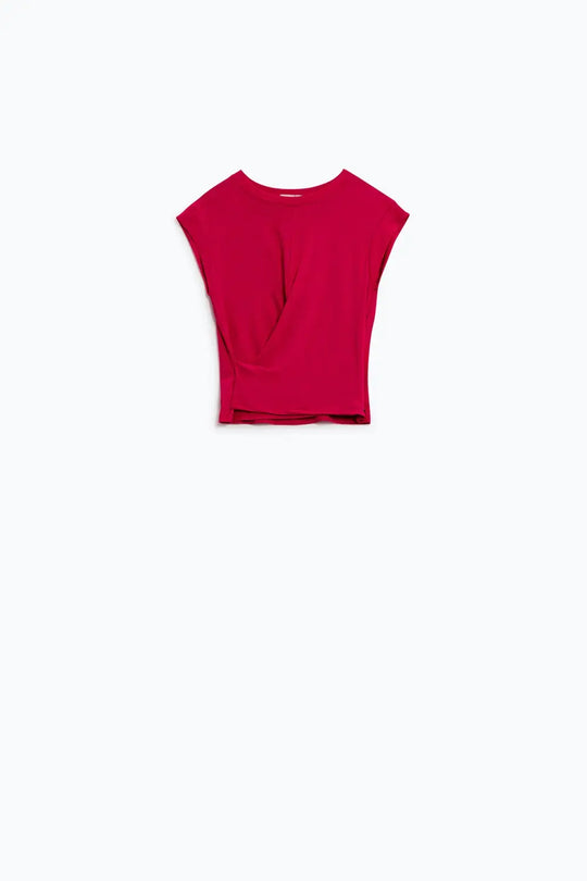 Crew neck T-Shirt with draped design and cap sleeve In Fuschia - T-Shirts Tops