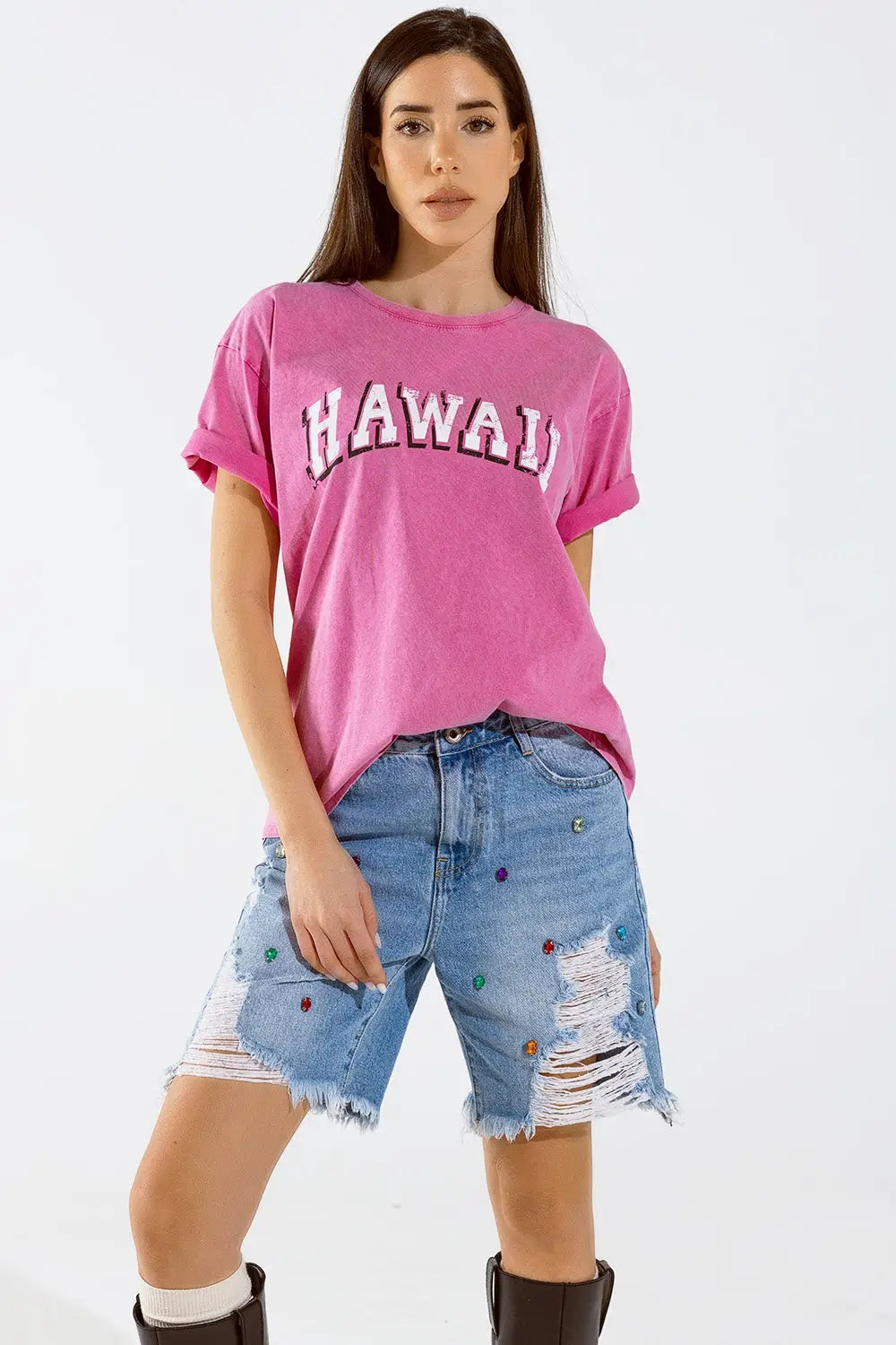 Washed Effect Hawaii T-Shirt In Fuchsia - FUCHSIA / ONE - T-Shirts