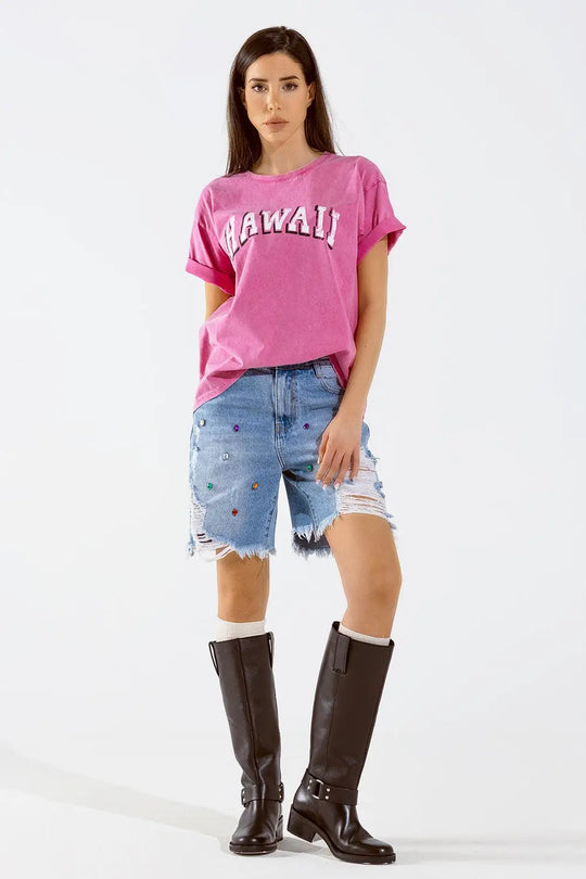Washed Effect Hawaii T-Shirt In Fuchsia - FUCHSIA / ONE - T-Shirts