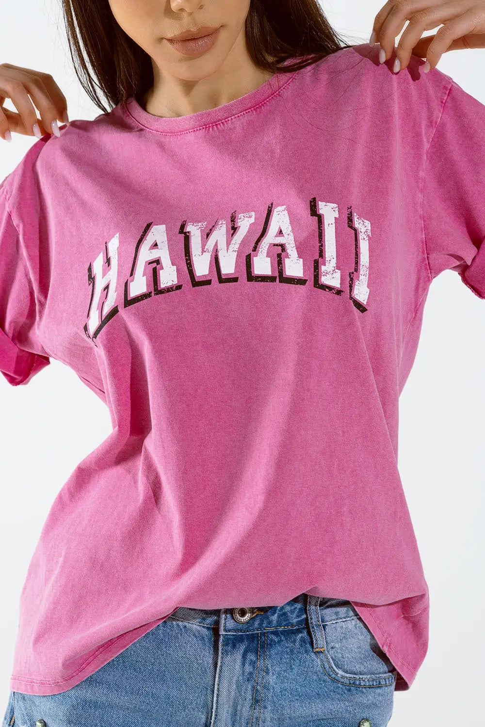 Washed Effect Hawaii T-Shirt In Fuchsia - FUCHSIA / ONE - T-Shirts