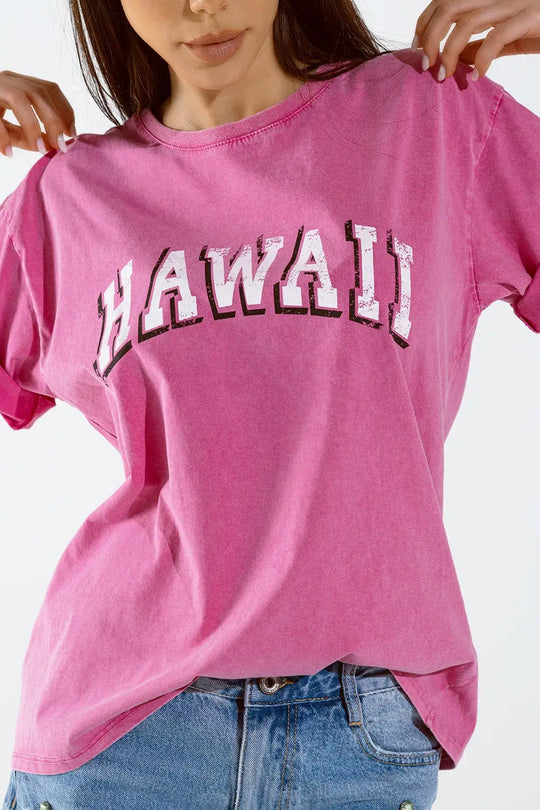 Washed Effect Hawaii T-Shirt In Fuchsia - FUCHSIA / ONE - T-Shirts